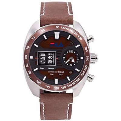 FILA Drum Roller 38-846 Montre pour homme en cuir 45 mm, Argent/marron/marron 003, sangle FILA Drum Roller 38-846 Montre pour homme en cuir 45 mm, Argent/marron/marron 003, sangle