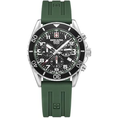 Alpine Montre chronographe à quartz analogique en silicone 7029.9 pour homme, Acier/silicone/vert 9834sam, lanière Alpine Montre chronographe à quartz analogique en silicone 7029.9 pour homme, Acier/silicone/vert 9834sam, lanière