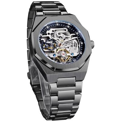 FORSINING Montre vintage pour homme gravée à remontage automatique mécanique grand cadran lumineux phase de lune doré creux motif tatouage montres mécaniques, noir FORSINING Montre vintage pour homme gravée à remontage automatique mécanique grand cadran lumineux phase de lune doré creux motif tatouage montres mécaniques, noir