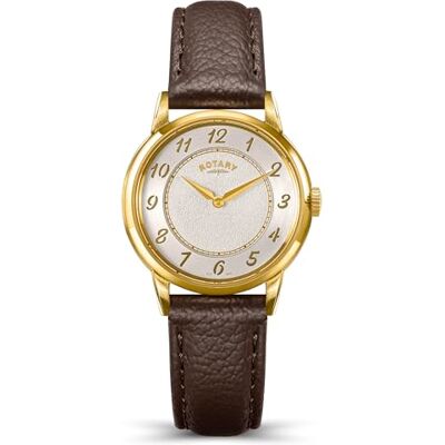 Rotary Montre pour Femme Heritage en Acier Inoxydable plaqué Or, avec Cadran Blanc et Bracelet en Cuir Marron. Rotary Montre pour Femme Heritage en Acier Inoxydable plaqué Or, avec Cadran Blanc et Bracelet en Cuir Marron.