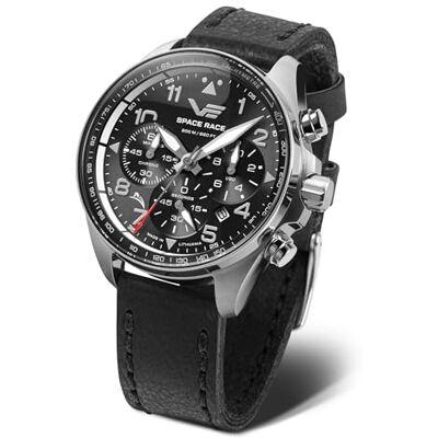 Vostok Europe Space Race Montre chronographe pour homme Diamètre 46 mm 20 ATM Date en différentes variantes, Argenté/noir/bracelet en cuir, lanière Vostok Europe Space Race Montre chronographe pour homme Diamètre 46 mm 20 ATM Date en différentes variantes, Argenté/noir/bracelet en cuir, lanière