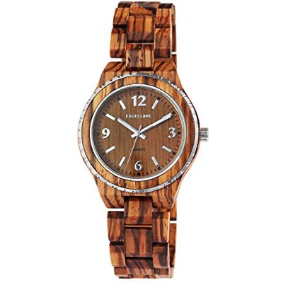 Excellanc 2810007 Montre unisexe en bois avec aiguilles luminescentes et boucle déployante à quartz analogique, Bois de zèbre, Bracelet Excellanc 2810007 Montre unisexe en bois avec aiguilles luminescentes et boucle déployante à quartz analogique, Bois de zèbre, Bracelet