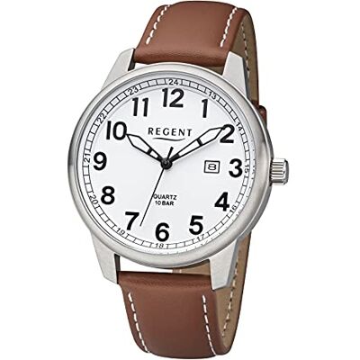 REGENT Montre pour homme avec bracelet en cuir Boîtier en acier inoxydable Étanche 10 ATM Couronne vissée Chiffres arabes Date de, Cadran blanc, Sangles REGENT Montre pour homme avec bracelet en cuir Boîtier en acier inoxydable Étanche 10 ATM Couronne vissée Chiffres arabes Date de, Cadran blanc, Sangles