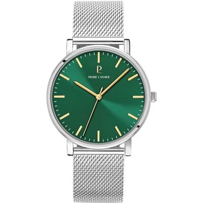 Pierre Lannier Essential Montre pour homme avec cadran argenté et bracelet en acier milanais vert 20 mm Pierre Lannier Essential Montre pour homme avec cadran argenté et bracelet en acier milanais vert 20 mm