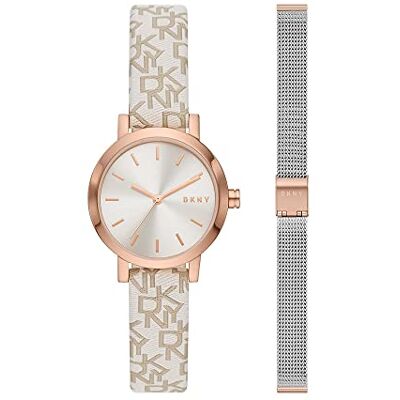 DKNY Soho Montre pour Femme, Mouvement à quartz avec bracelet en alliage, acier inoxydable, cuir ou silicone, Ensemble gris et or rose, 28MM DKNY Soho Montre pour Femme, Mouvement à quartz avec bracelet en alliage, acier inoxydable, cuir ou silicone, Ensemble gris et or rose, 28MM