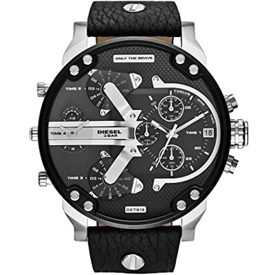 Diesel Mr. Daddy 2.0 Montre pour homme avec grand cadran chronographe et bracelet en acier inoxydable, silicone ou cuir, noir/argent, 57MM, Moderne Diesel Mr. Daddy 2.0 Montre pour homme avec grand cadran chronographe et bracelet en acier inoxydable, silicone ou cuir, noir/argent, 57MM, Moderne