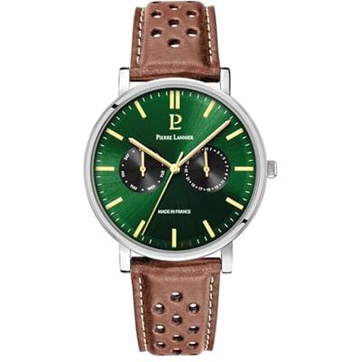 Pierre Lannier Essential Men's Watch Silver Dial Green Perforated Leather Strap Brown 20 MM, Vert, one size, sangle Pierre Lannier Essential Men's Watch Silver Dial Green Perforated Leather Strap Brown 20 MM, Vert, one size, sangle