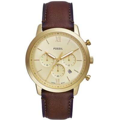 Fossil Montre Neutra pour homme, mouvement chronographe à quartz avec bracelet en cuir, Marron et or, 44 mm Fossil Montre Neutra pour homme, mouvement chronographe à quartz avec bracelet en cuir, Marron et or, 44 mm