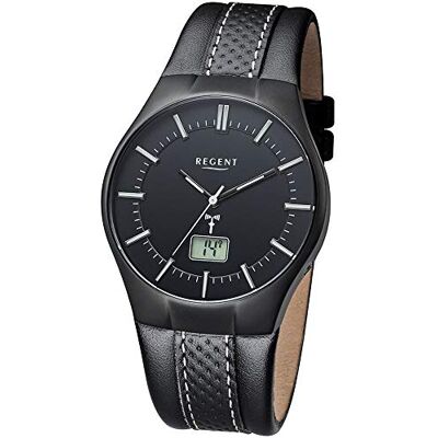 REGENT Montre analogique radio-pilotée pour homme avec bracelet en cuir 11030139, Noir, bracelet REGENT Montre analogique radio-pilotée pour homme avec bracelet en cuir 11030139, Noir, bracelet