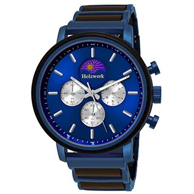 Holzwerk Germany Montre de designer pour homme fabriquée à la main En bois naturel Chronographe Montre à quartz analogique Marron, noir, bleu, argent Avec phase de lune, Bleu, Holzwerk Germany Montre de designer pour homme fabriquée à la main En bois naturel Chronographe Montre à quartz analogique Marron, noir, bleu, argent Avec phase de lune, Bleu,
