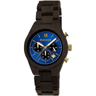 Holzwerk Germany Montre de designer faite à la main pour homme En bois naturel naturel Chronographe Quartz analogique Marron doré Bleu Date en bois Holzwerk Germany Montre de designer faite à la main pour homme En bois naturel naturel Chronographe Quartz analogique Marron doré Bleu Date en bois