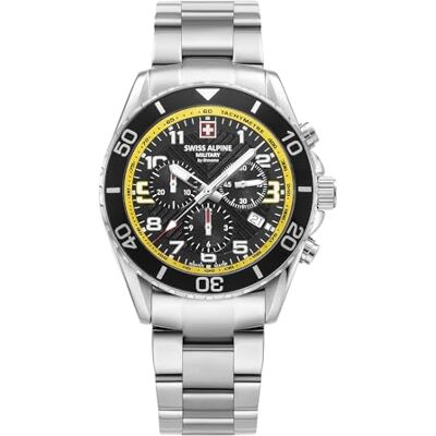 Alpine Montre chronographe analogique à quartz pour homme en acier inoxydable 7029.9, Acier/acier/jaune Sw 9138sam, Bracelet Alpine Montre chronographe analogique à quartz pour homme en acier inoxydable 7029.9, Acier/acier/jaune Sw 9138sam, Bracelet