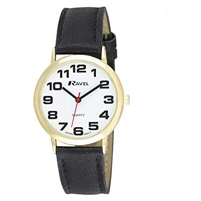 Ravel Montre Bracelet Unisexe Facile à Lire avec de Gros Chiffres Cadran Blanc/Ton Or/Noir Ravel Montre Bracelet Unisexe Facile à Lire avec de Gros Chiffres Cadran Blanc/Ton Or/Noir