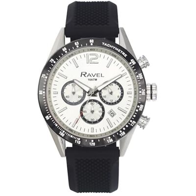 Ravel Pro Montre chronographe ronde en acier inoxydable avec date Étanche jusqu'à 100 m Quartz Analogique RPR, Bracelet en silicone noir/cadran argenté, Sangle Ravel Pro Montre chronographe ronde en acier inoxydable avec date Étanche jusqu'à 100 m Quartz Analogique RPR, Bracelet en silicone noir/cadran argenté, Sangle
