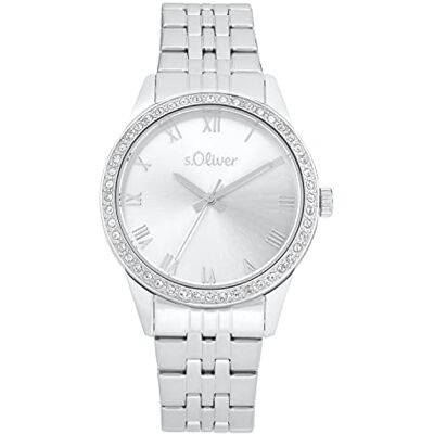 s.Oliver Montre analogique à quartz pour femme avec bracelet en acier inoxydable, couleur argent, étanche jusqu'à 5 bars, livrée dans un coffret cadeau, 2035427 s.Oliver Montre analogique à quartz pour femme avec bracelet en acier inoxydable, couleur argent, étanche jusqu'à 5 bars, livrée dans un coffret cadeau, 2035427