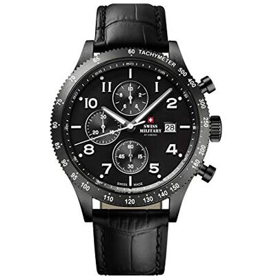 Swiss Military by Chrono SM34084.07 Montre chronographe à quartz pour homme avec bracelet en cuir Noir, Noir , sangle Swiss Military by Chrono SM34084.07 Montre chronographe à quartz pour homme avec bracelet en cuir Noir, Noir , sangle