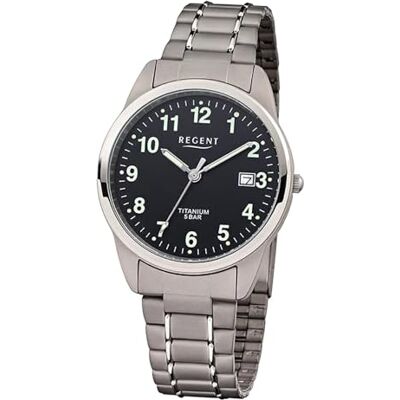 REGENT Montre pour homme avec bracelet en titane et boîtier en titane 36 mm de diamètre à quartz chiffres arabes date, gris/noir, Bracelet REGENT Montre pour homme avec bracelet en titane et boîtier en titane 36 mm de diamètre à quartz chiffres arabes date, gris/noir, Bracelet