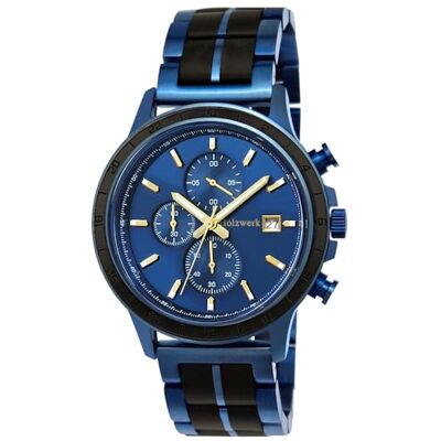 Holzwerk Germany Montre design pour homme fabriquée à la main En bois naturel Chronographe Analogique Quartz Noir Marron Or Cadran en bois, Bleu et marron., Bracelet Holzwerk Germany Montre design pour homme fabriquée à la main En bois naturel Chronographe Analogique Quartz Noir Marron Or Cadran en bois, Bleu et marron., Bracelet