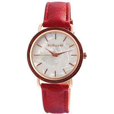 Excellanc Femme Montre Simili Cuir Montre Bracelet Bois Anneau Analogique Quartz 1900244, Rouge/Or Rose., Sangle Excellanc Femme Montre Simili Cuir Montre Bracelet Bois Anneau Analogique Quartz 1900244, Rouge/Or Rose., Sangle