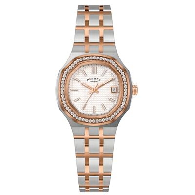 Rotary Montre bracelet en acier inoxydable plaqué argent et or rose avec cadran blanc brillant pour femme Rotary Montre bracelet en acier inoxydable plaqué argent et or rose avec cadran blanc brillant pour femme