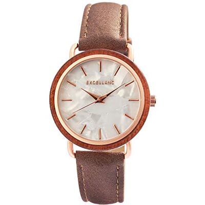 Excellanc Montre à Quartz Analogique Trotteuse pour Femme en Bois Blanc/Marron/Or Rose/Nacre, sangle Excellanc Montre à Quartz Analogique Trotteuse pour Femme en Bois Blanc/Marron/Or Rose/Nacre, sangle