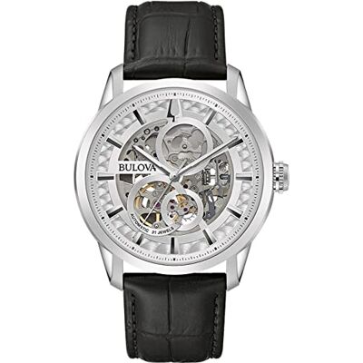 Bulova Montre mécanique analogique pour homme avec bracelet en cuir 96A266, argenté, Sangles Bulova Montre mécanique analogique pour homme avec bracelet en cuir 96A266, argenté, Sangles