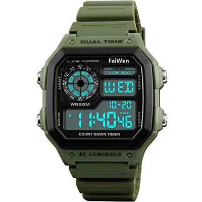 FeiWen Montre numérique multifonction unisexe Étanche 50 m LED En plastique Avec bracelet en caoutchouc, vert, sangle FeiWen Montre numérique multifonction unisexe Étanche 50 m LED En plastique Avec bracelet en caoutchouc, vert, sangle