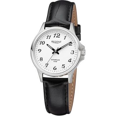 REGENT URF1456 Montre analogique pour femme avec bracelet en cuir noir, Argenté/blanc, lanière REGENT URF1456 Montre analogique pour femme avec bracelet en cuir noir, Argenté/blanc, lanière