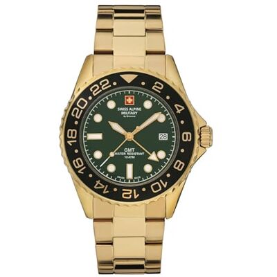 Alpine GMT 7052 Montre à quartz analogique pour homme en acier inoxydable, Or/noir/vert 1114sam, Bracelet Alpine GMT 7052 Montre à quartz analogique pour homme en acier inoxydable, Or/noir/vert 1114sam, Bracelet