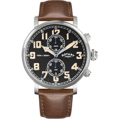 Rotary Heritage Pilot Montre pour homme étanche jusqu'à 100 m en acier inoxydable avec bracelet en cuir marron Rotary Heritage Pilot Montre pour homme étanche jusqu'à 100 m en acier inoxydable avec bracelet en cuir marron