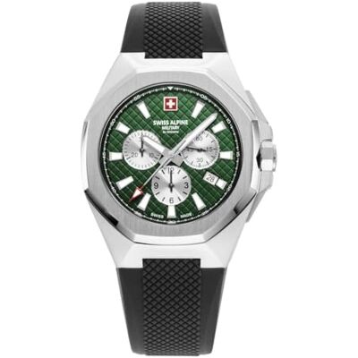 Alpine 7005.9834SAM Montre chronographe à quartz analogique pour homme en silicone, Acier/noir/vert 9834sam, bracelet Alpine 7005.9834SAM Montre chronographe à quartz analogique pour homme en silicone, Acier/noir/vert 9834sam, bracelet