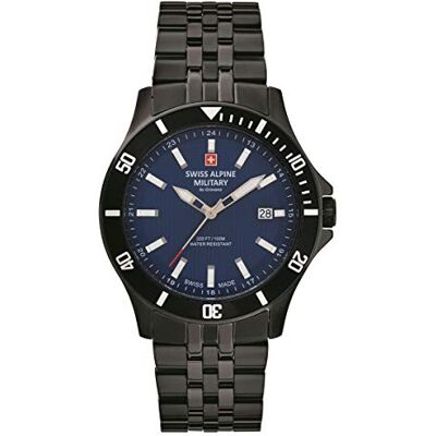 Alpine Montre analogique à quartz 7022.1 pour homme en acier inoxydable, Noir/bleu 1175sam, Bracelet Alpine Montre analogique à quartz 7022.1 pour homme en acier inoxydable, Noir/bleu 1175sam, Bracelet