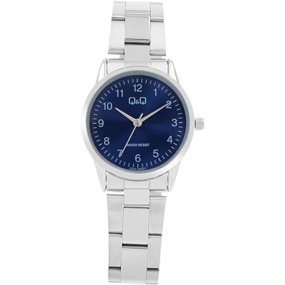 Q&Q Montre à quartz analogique pour femme en acier inoxydable avec bracelet à maillons et date 3 bars, Argenté/Bleu, Classique Q&Q Montre à quartz analogique pour femme en acier inoxydable avec bracelet à maillons et date 3 bars, Argenté/Bleu, Classique