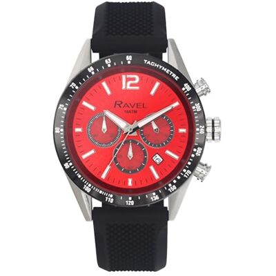 Ravel Pro Montre chronographe ronde en acier inoxydable avec date Étanche jusqu'à 100 m Quartz Analogique RPR, Bracelet en silicone noir/cadran rouge, Sangle Ravel Pro Montre chronographe ronde en acier inoxydable avec date Étanche jusqu'à 100 m Quartz Analogique RPR, Bracelet en silicone noir/cadran rouge, Sangle