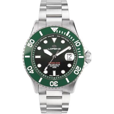 Lorenz Hydro-Sub 090011DD Montre suisse automatique pour homme avec bracelet en acier inoxydable et 500 mètres sous-marin professionnel, coffret avec bracelet en caoutchouc cadeau, vert, Bracelet Lorenz Hydro-Sub 090011DD Montre suisse automatique pour homme avec bracelet en acier inoxydable et 500 mètres sous-marin professionnel, coffret avec bracelet en caoutchouc cadeau, vert, Bracelet