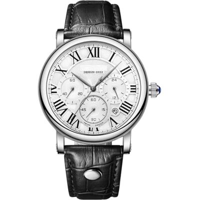 RORIOS Montre chronographe pour homme avec bracelet en cuir Montre à quartz analogique étanche pour homme, argenté/blanc, L, Sangle RORIOS Montre chronographe pour homme avec bracelet en cuir Montre à quartz analogique étanche pour homme, argenté/blanc, L, Sangle