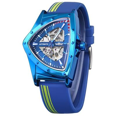 FORSINING Montre squelette pour homme, montre mécanique automatique avec cadran triangulaire lumineux, remontage automatique, bracelet en acier inoxydable ou bracelet en silicone souple, bleu, Rétro FORSINING Montre squelette pour homme, montre mécanique automatique avec cadran triangulaire lumineux, remontage automatique, bracelet en acier inoxydable ou bracelet en silicone souple, bleu, Rétro