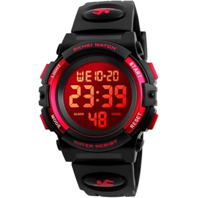 Alienwork Montre numérique pour enfant garçon fille étanche 5 ATM, Noir/rouge/multicolore/bracelet en caoutchouc noir, lanière Alienwork Montre numérique pour enfant garçon fille étanche 5 ATM, Noir/rouge/multicolore/bracelet en caoutchouc noir, lanière