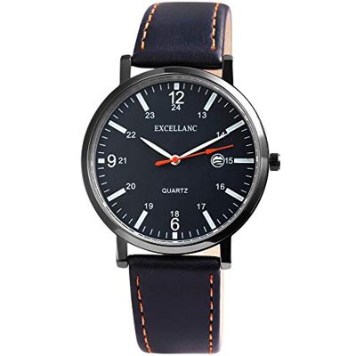 Excellanc Montre à quartz analogique Horloge pour homme En cuir synthétique Affichage de la date 2900125, Bleu foncé/noir., sangle Excellanc Montre à quartz analogique Horloge pour homme En cuir synthétique Affichage de la date 2900125, Bleu foncé/noir., sangle