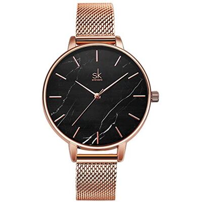 Alienwork Montre Femme Or Rose Bracelet Maille Noir Ultra-mince élégant Alienwork Montre Femme Or Rose Bracelet Maille Noir Ultra-mince élégant