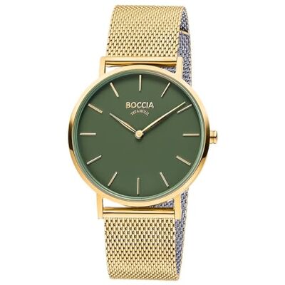 Boccia Titanium 3273-12 Montre à quartz pour femme en titane doré jaune 36 mm avec cadran vert avec bracelet en acier inoxydable milanais ultra plat env. 6 mm étanche 3 bar Boccia Titanium 3273-12 Montre à quartz pour femme en titane doré jaune 36 mm avec cadran vert avec bracelet en acier inoxydable milanais ultra plat env. 6 mm étanche 3 bar