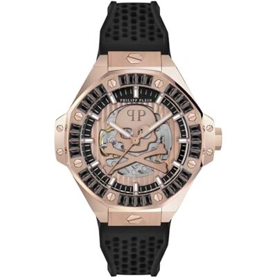 Philipp Plein Plein $KELETON ROYAL Montre analogique automatique en silicone pour homme, Or Rose/Noir/Cristaux Pwpfa0324, sangle Philipp Plein Plein $KELETON ROYAL Montre analogique automatique en silicone pour homme, Or Rose/Noir/Cristaux Pwpfa0324, sangle