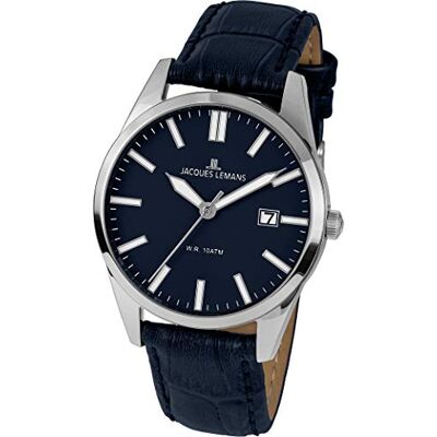 JACQUES LEMANS Montre pour homme en cuir massif en acier inoxydable 1-2002F, bleu, Sangles JACQUES LEMANS Montre pour homme en cuir massif en acier inoxydable 1-2002F, bleu, Sangles