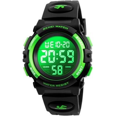 Alienwork Montre numérique pour enfant garçon fille étanche 5 ATM, Noir/vert/multicolore/bracelet en caoutchouc noir, lanière Alienwork Montre numérique pour enfant garçon fille étanche 5 ATM, Noir/vert/multicolore/bracelet en caoutchouc noir, lanière