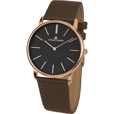 JACQUES LEMANS Montre à quartz analogique pour femme avec bracelet en cuir 1-2004E, noir, or rose, sangle JACQUES LEMANS Montre à quartz analogique pour femme avec bracelet en cuir 1-2004E, noir, or rose, sangle