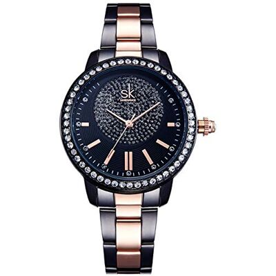 Alienwork Montre Femme Noir Bracelet en Métal Acier Strass Paillettes élégant Alienwork Montre Femme Noir Bracelet en Métal Acier Strass Paillettes élégant