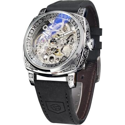 FORSINING Montre pour homme Montre mécanique carrée rétro sculptée Squelette automatique Bracelet en cuir vintage, Noir FORSINING Montre pour homme Montre mécanique carrée rétro sculptée Squelette automatique Bracelet en cuir vintage, Noir