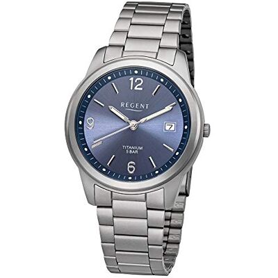 REGENT Montre pour homme avec bracelet à maillons en titane et boîtier en titane de 36 mm de diamètre, à quartz, chiffres arabes, date, bleu, Bracelet REGENT Montre pour homme avec bracelet à maillons en titane et boîtier en titane de 36 mm de diamètre, à quartz, chiffres arabes, date, bleu, Bracelet