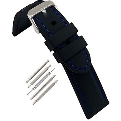 masar 18mm à 24mm Bracelets de Montre Silicone avec surpiqûres – Style Lisse et Semi-rembourré – Kit 4 Barrettes – 1 Outil, Silicone Black Blue, 24 mm, sangle masar 18mm à 24mm Bracelets de Montre Silicone avec surpiqûres – Style Lisse et Semi-rembourré – Kit 4 Barrettes – 1 Outil, Silicone Black Blue, 24 mm, sangle