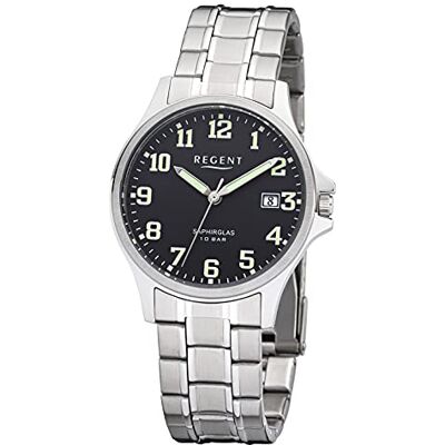 REGENT Montre homme avec bracelet en acier inoxydable 36 mm diamètre quartz 10 ATM chiffres arabes verre saphir date, Noir, Bracelet REGENT Montre homme avec bracelet en acier inoxydable 36 mm diamètre quartz 10 ATM chiffres arabes verre saphir date, Noir, Bracelet